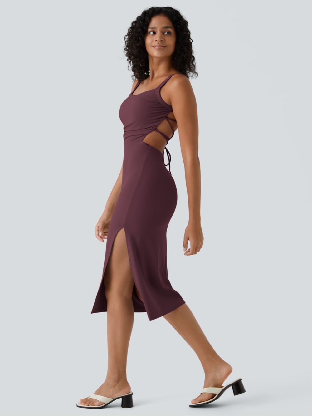 Halara SoftlyZero™ Airy Ruched Lace Up Bodycon Midi Casual Dress - Picture 3 of 5